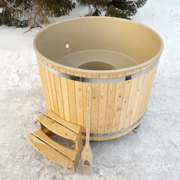 купель шишка с пластиковой вставкой 1700мм (бежевая чаша/светлый фасад) в комплекте печь